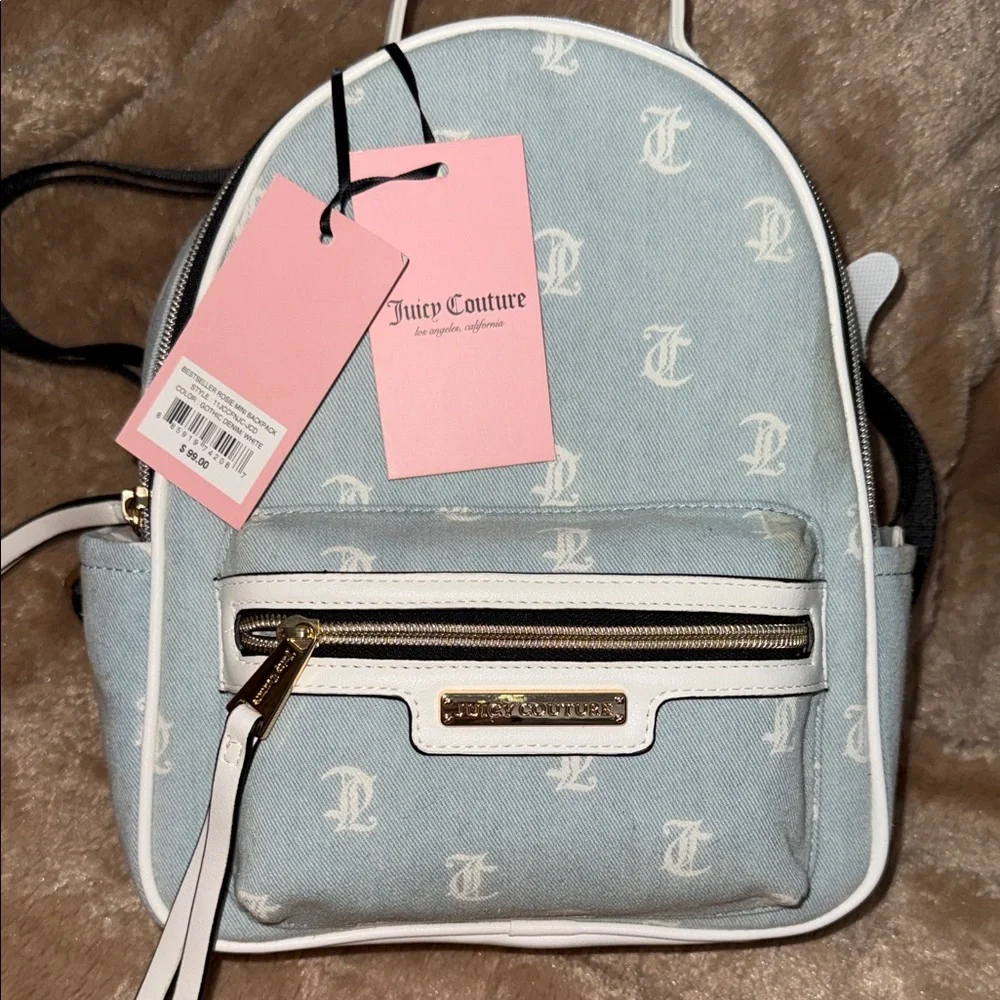 Juicy Couture denim Light Blue and White Logo Backpack